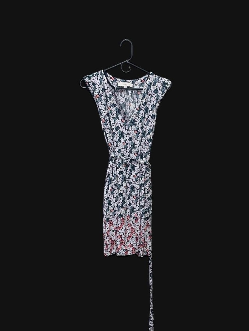 LOFT Navy Floral Midi Wrap Dress with Pink Accents